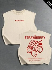 PAVTROS 男士夏季休閒時尚街頭度假日常通勤草莓字母印花寬鬆版型背心上衣，假期 - 杏色 - 查看 3