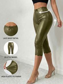 SHEIN SXY Women's Green High Waist Olive Pleather Cropped Capris With Delicate Lace Trim Bow Detail And Elastic Fit - Green - View 1