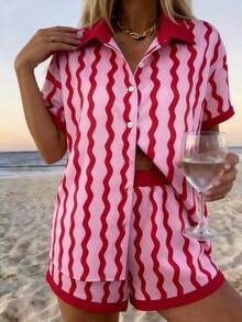 Vaclyn Women's Wavy Striped Short Sleeve Single-Breasted Top And Elastic Waist Shorts Set - Red - View 3