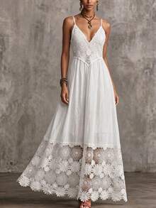 Hotletica Women's Vacation Contrast Lace Spaghetti Strap Dress - White - View 7