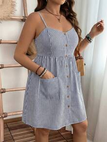 EMERY ROSE Plus Size Women's Spring/Summer Elegant Fashion Vacation Halter Neck Drawstring Waist Striped Print Dress - Navy Blue - View 4