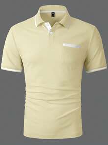 Manfinity Homme Men's Button Half-Placket Short Sleeve Chest Pocket Versatile Polo Shirt, Formal - Light Yellow - View 5