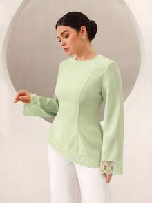 Graceveil Flare Sleeve Lace Patchwork Cinched Waist Asymmetrical Hem Blouse - Green - View 6