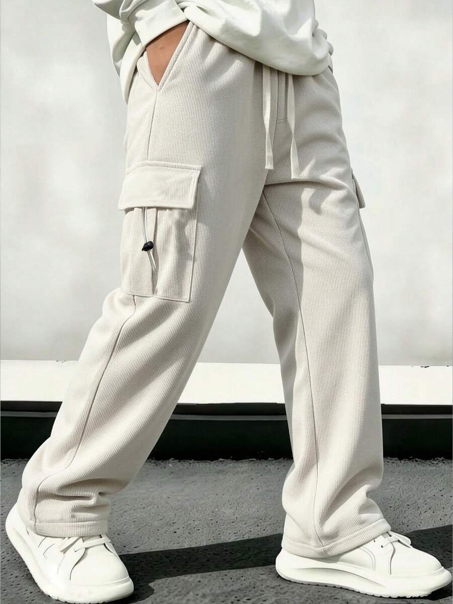Manfinity Homme Pantalones cargo de pana para hombre, cintura con cordón, ropa de calle para uso diario y fines de semana - Albaricoque - View 1