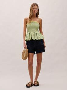 Nöista Gestreiftes Peplum-Top mit geraffter Körpermitte, dehnbare Passform und schmeichelnde Taille, Rüschensaum. Perfekt für sonnige Tage und Urlaubsreisen, für Nächte aus, Festivals, Sommerfeste, Dates, Urlaubsabende, Alltagsoutfit, Urlaub, Frühling, Ostern, Musikfestival, Strandtag. - Grün - Übersicht 4