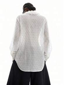LYSMO Women's Fashionable Sexy Polka Dot Print Ruffle Hem Blouse, White - White - View 2