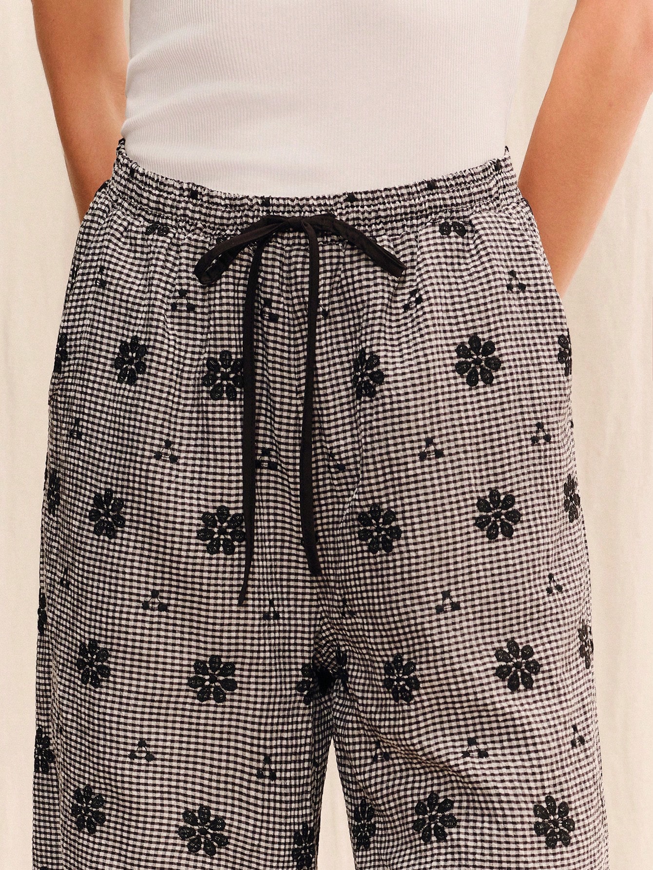 Black Gingham Floral Embroidered Pants With An Elasticated Waistband Summer Holiday Casual Pants