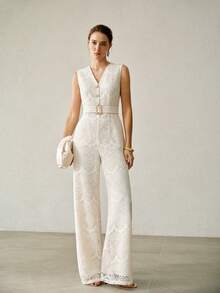 MOTF PREMIUM FRENCH CHIC DESIGN DECORATIVE BELT V-NECK SLEEVELESS HIGH WAIST SLIMMING WIDE LEG WOMEN JUMPSUIT - Apricot - View 5