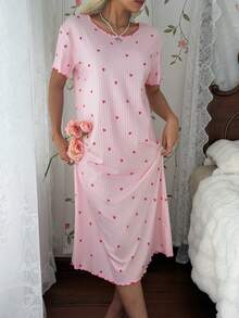 CottageSlumber Rosa geripptes lockeres Kurzarm-Nachthemd mit Saum und Herzmuster für Damen - Pink - Übersicht 4