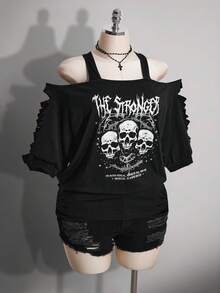 SHEIN ICON 女款大尺碼黑色夏季 Grunge 音樂會日常 Y2K 哥德龐克骷髏圖案鏤空破洞 2 合 1 T恤 音樂節 - 黑色 - 查看 4
