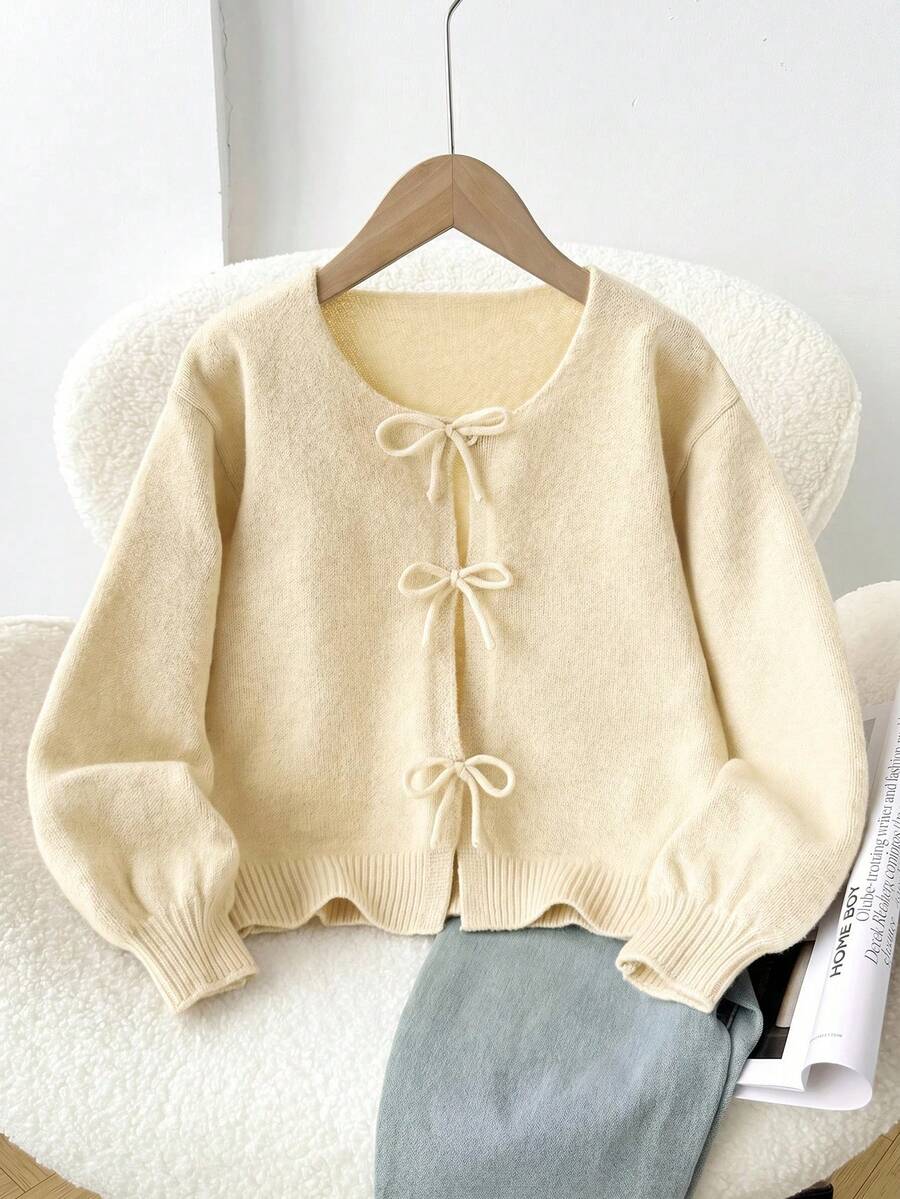 SHEIN 少女寬鬆休閒簡約舒適圓領長袖前開襟蝴蝶結襯衫 開學季 - 黃色 - 查看 1