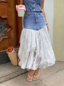 Rivivi Women's Contrast Color Lace Patchwork Denim Mini Skirt - Blue - View 1