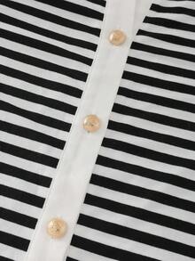 Rafferiza Summer New Fashion Elegant Mature Style Black & White Striped V-Neck Short Sleeve Knit Cardigan Women's Polo Shirt, Turn-Down Collar Petite Thin Fitted Short Sleeve Top Base Layer Slimming - Black and White - View 4