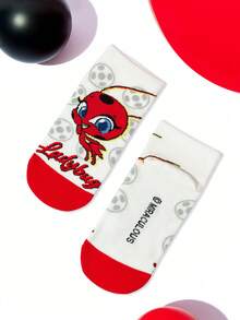 Miraculous Ladybug X SHEIN Miracle Girl Joint 女童棉質柔軟透氣吸濕排汗 2雙襪子，可愛卡通圖案，加強腳趾與腳跟設計耐穿，適合四季日常上學戶外夏季穿著 - 混色 - 查看 4