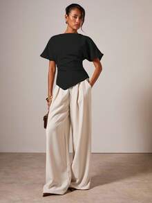 SHEIN PETITE CURVE 女款大尺碼短袖素色T恤 - 黑色 - 查看 7