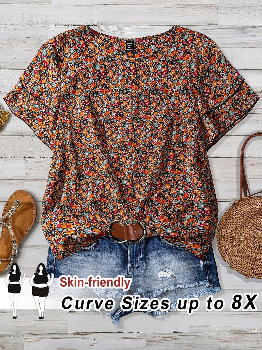 SHEIN CURVE+ Áo kiểu nữ cỡ lớn in hoa, tay hai lớp, thanh lịch cho mùa hè, áo sơ mi nữ, áo kiểu nữ, áo dễ thương, áo sơ mi mùa hè, áo sơ mi ngộ nghĩnh. - Nhiều màu - Xem 1
