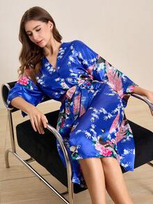 Hourtrue 1 pieza Bata larga con estampado de pavo real - azul real - Ver 8