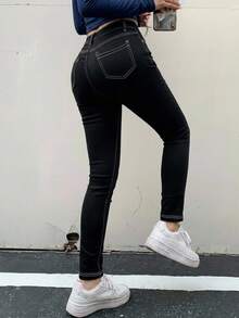 DAZY Women's Color-Block Stitching Slim Fit Denim Pants Women Jeans - Black - View 11