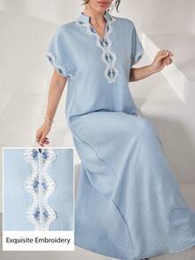Al Najma Light Blue Mandarin Collar Embroidered Trim Loose Casual Arabic Style Dress For Women - Blue - View 1
