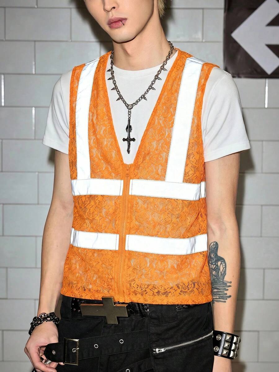ROMWE MEN Street Life Men's Contrast Color Lace Patchwork Front Zipper Vest - Multicolor - View 1