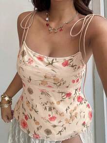 GalTyme Apricot Plus Size Women Sleeveless Lace Patchwork Floral Print Fitted Top - Apricot - View 1