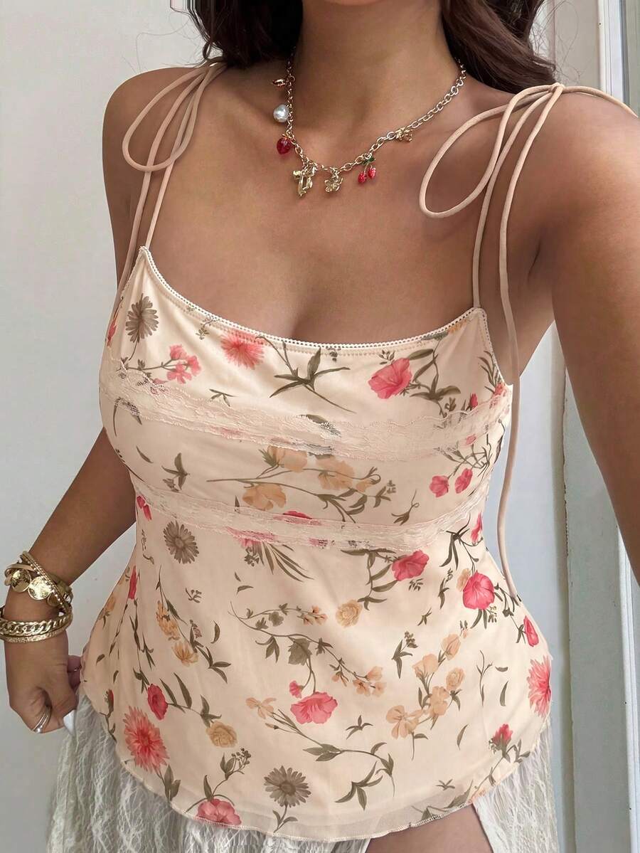 GalTyme Apricot Plus Size Women Sleeveless Lace Patchwork Floral Print Fitted Top - Apricot - View 1
