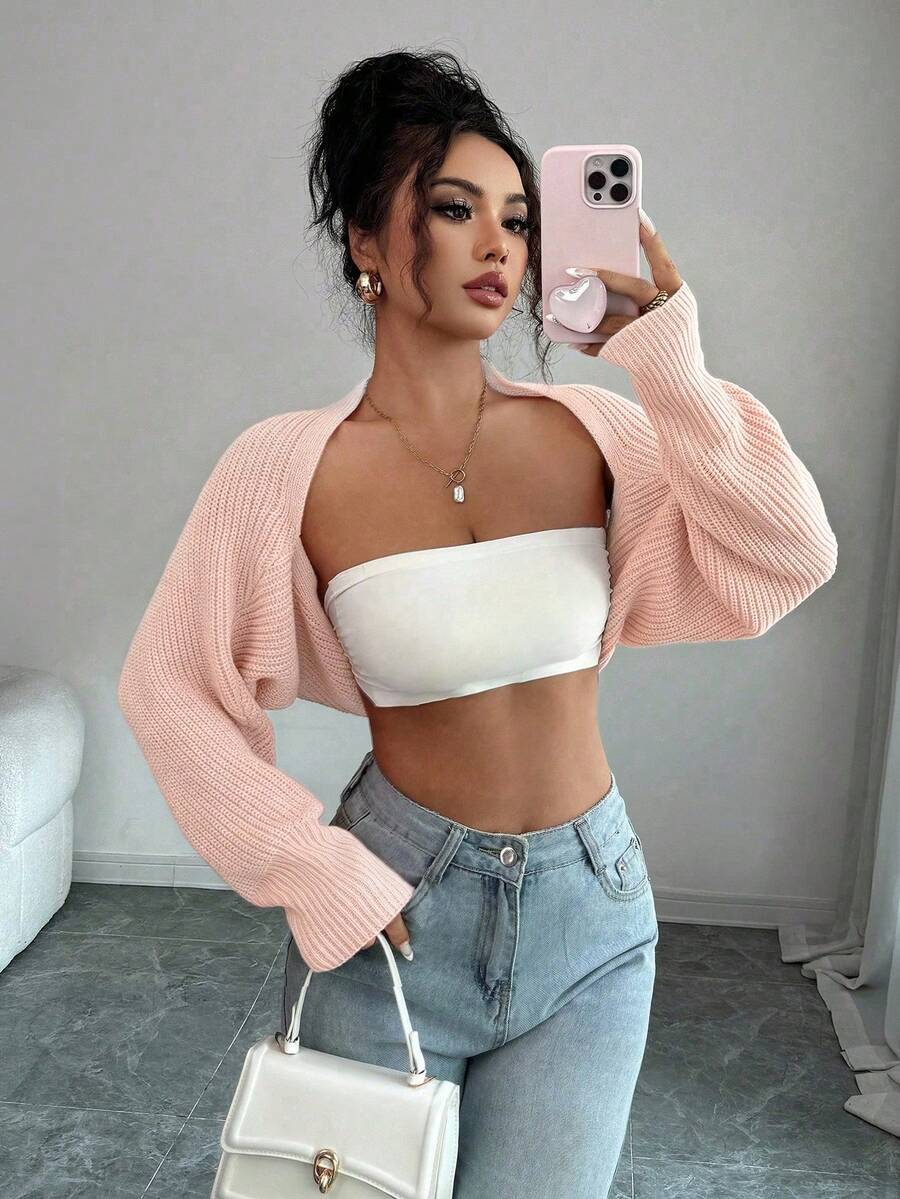 Rafferiza Spring Autumn Summer Asymmetrical Raglan Sleeve Solid Color Knit Cardigan Everyday Light Pink Casual - Baby Pink - View 1
