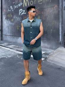 DAZY Men's Gradient Wash Distressed Single-Breasted Vest Jacket And Pocket Shorts Denim Set Fall - Blue - View 4