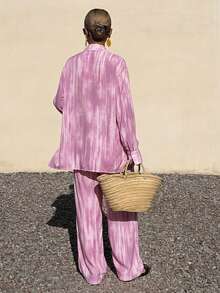 Livesso 2pcs Women's Spring Vacation Tie-Dye Collar Shirt And Casual Pants Set - Pink - View 2