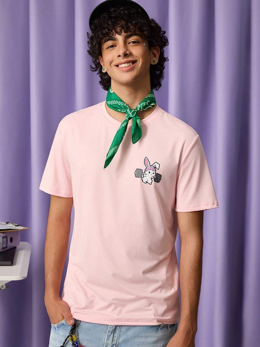 FROVYX Men's Casual Simple Cartoon Rabbit Print T-Shirt, 2000s Style - Pink - View 1
