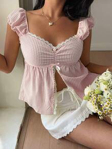 Sunnyshic Camisa Casual de Férias Feminina com Busto Franzido, Estampa Xadrez e Bainha com Fenda Lateral - Rosa chiclete - Visão 4