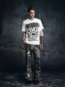 Vyqestra Men's Loose Letter & Cartoon Character Print Short Sleeve T-Shirt And Pants Set - Grey - View 5