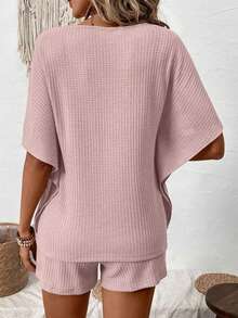 EMERY ROSE Plus Size Women 2 Pieces Set, Solid Color Short Sleeve Top And Shorts Vacation Light Pink Summer Casual Traditional Formal Home Wear - Multicolor - View 2