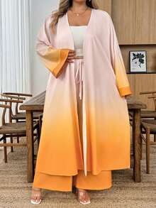 SHEIN CURVE+ Curve 大尺碼 US22 音樂節海邊度假波希米亞風優雅純色紋理寬鬆蝙蝠袖兩件套 秋季婚禮賓客穿搭 粉色 - 黃色 - 查看 8