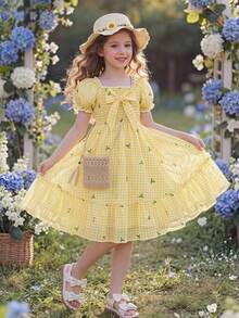 Elladie kids Süßes Kleid mit Blumenprint, Rüschenkragen und Puffärmeln für Mädchen, elastischer Bund, geeignet für Schule, Spielplatz, Familientreffen, Geburtstagsfeiern, Kurztrips, Strandurlaub - Gelb - Übersicht 1