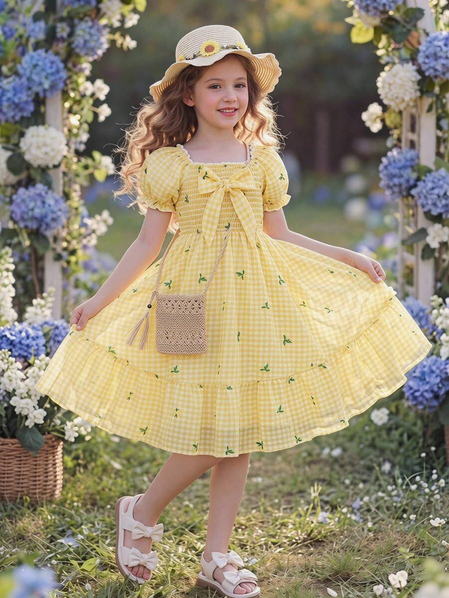 Elladie kids Süßes Kleid mit Blumenprint, Rüschenkragen und Puffärmeln für Mädchen, elastischer Bund, geeignet für Schule, Spielplatz, Familientreffen, Geburtstagsfeiern, Kurztrips, Strandurlaub - Gelb - Übersicht 1