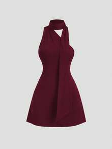 Sweetra Abito da donna primavera/estate con spalla asimmetrica, fluido con laccio, nero, alla moda, colore unito, aderente, mini, con un'atmosfera elegante e matura - Bordò - Visualizzare 2