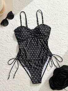Swim Lushoire Fashionable Hot-Selling Polka Dot Print Design One-Piece Swimsuit, Suitable For Girls And Beach Vacation, Spring/Summer - Black - View 5