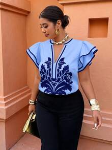 Weeklong Plus Size Women's Floral Print Ruffle Loose Blouse, Casual Holiday Top - Multicolor - View 5