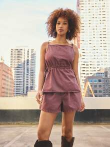 Aralina Conjunto de 2 piezas para mujer de verano / invierno con top de mezclilla fruncido con detalle de lazo y shorts, atuendo lindo para salir y vacaciones, estilo Y2K Estocolmo - Color caoba - Ver 13