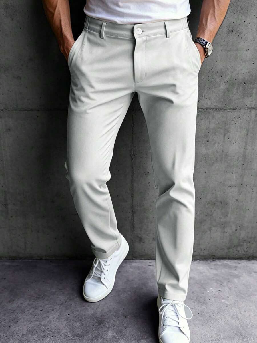 Manfinity Mode Celana Kasual Pria Smart Casual Serbaguna dengan Kancing dan Saku, Cocok untuk Bisnis dan Kantor, Warna Abu-abu Muda, Gaya Klasik, Santai Sehari-hari, Hadiah Pesta Liburan - Light Grey - View 1