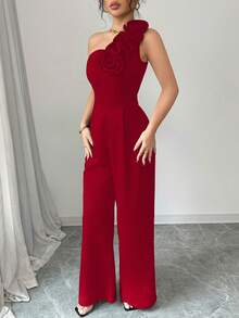 Women's Solid Color Jumpsuit With Asymmetrical Neckline, Sleeveless And With 3D Floral Print - 紅色 - 查看 5
