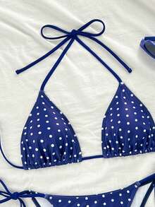 Swim Mod 2026春夏女式吊带露背黑色底白色波点随机印花甜美可爱侧系带比基尼两件套泳衣海军蓝比基尼度假比基尼波点比基尼波点泳衣波点比基尼 - 藏蓝色 - 查看 5