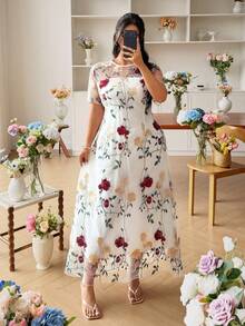 Modelyn 大尺碼收腰刺繡布料休閒優雅洋裝，適合春夏季日常穿著與聚會 - 米色 - 查看 7