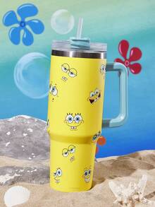 SpongeBob SquarePants | SHEIN 40oz帶手柄保溫杯，真空隔熱水壺，不鏽鋼旅行馬克杯，車用杯 - 黃色 - 查看 2