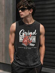 SHEIN 青少年男孩美式時尚黑色背心,無袖寬鬆上衣,柔軟親膚,Hustle勵志字母印花,適合都市街頭與日常穿著,適用於春夏季、日常、運動、出遊、學校、派對、節慶、拍照 - 黑色 - 查看 7