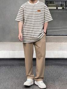 SHEIN 2件組青少年男童休閒條紋圓領套頭短袖寬鬆T恤與直筒寬鬆口袋長褲套裝 - 彩色 - 查看 7