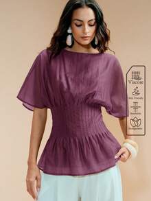 Arave Women's X-Shaped Round Neck Short Sleeve Pleated Waist Ruffle Hem Casual French Elegant Commuter Top Teachers' Day Office Brunch Mauve Purple Summer - Purple - View 3