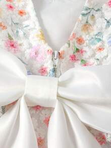 SHEIN Glamorique Kids 女童無袖公主正式禮服，精緻刺繡白色印花，背後可拆卸大蝴蝶結，7歲生日新娘婚禮禮服 - 彩色 - 查看 8