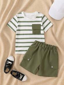 Young Boy T-Shirt And Shorts Set - Army Green - View 1